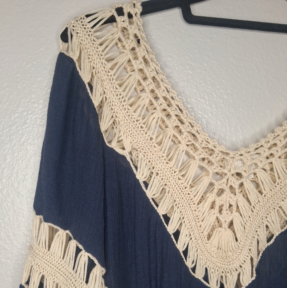Umgee Navy Cream Crochet Gypsy Boho Coachella Chic Tunic Blouse Long Sleeve M - Picture 10 of 16
